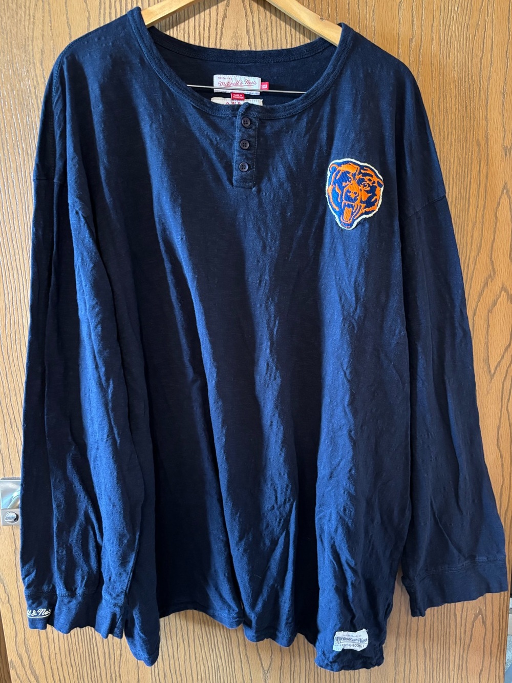 Navy Long-Sleeve Henley Top with Embroidered Bear Patch - Men 5x